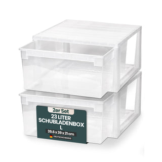 Set: 2 x Schubladenbox Größe L, Volumen 23 Liter (weiss, transparent)