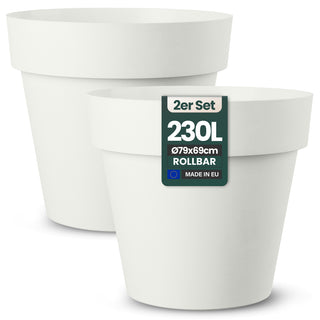 2 x XXL Pflanzkübel / Pflanztopf „LIKE“ Ø 79 x H 69 cm - Weiß - Rund, Rollbar - in Natur Stein Optik