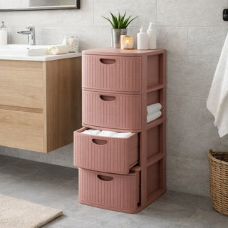 XL Schubladenschrank 'Domus' 4 Schubladen Kunststoff - Moderner Rollcontainer in Rillen-Optik - 40x40x81 cm - Rot-Braun
