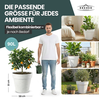 XL Pflanzkübel / Pflanztopf „LIKE“ Ø 58 x H 51 cm - Weiß - Rund, Rollbar - in Natur Stein Optik