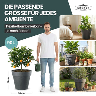 2 x XL Pflanzkübel / Pflanztopf „LIKE“ Ø 58 x H 51 cm - Anthrazit - Rund, Rollbar - in Natur Stein Optik