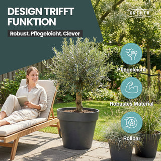 2 x XL Pflanzkübel / Pflanztopf „LIKE“ Ø 58 x H 51 cm - Anthrazit - Rund, Rollbar - in Natur Stein Optik